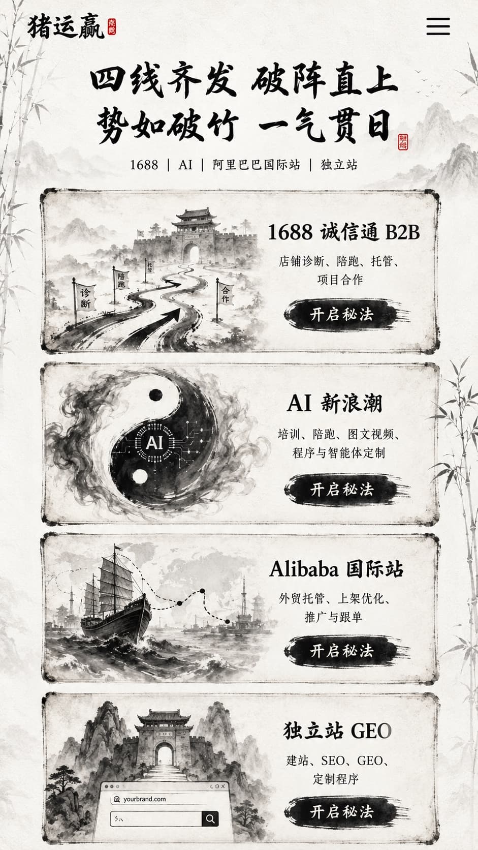 猪运赢四大业务板块：1688、AI、阿里巴巴国际站和独立站 GEO